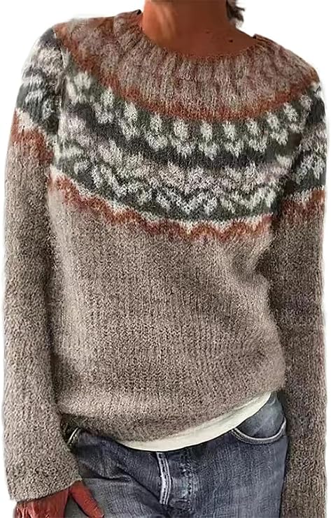Zhyaj Womens Fair Isle Sweaters Trendy Fall Winter Casual Vintage Striped Crewneck Long Sleeve Oversized Pullover Knitted Top