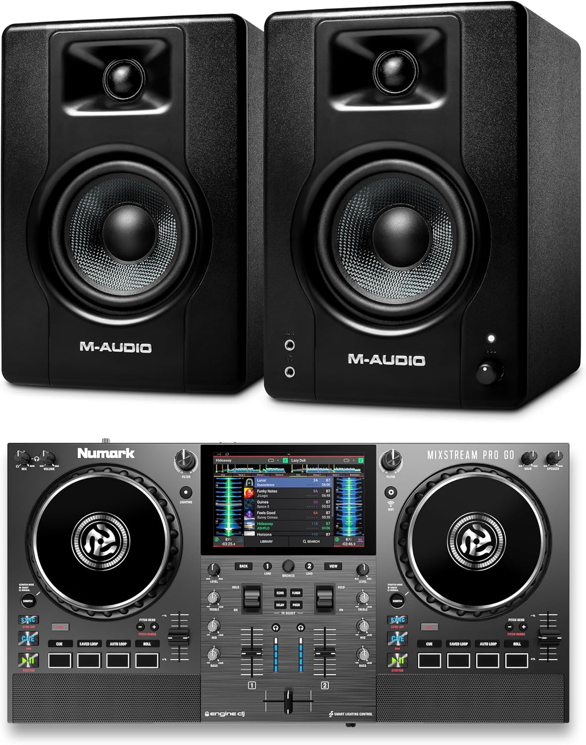 Numark Mixstream Pro Go DJ Controller and M-AUDIO BX4 Pair Studio Monitors for Studio Recording, Music Production, Podcasting, Streaming