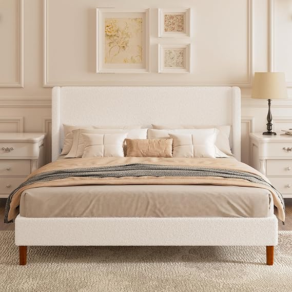 King Size Boucle Bed Frame with Upholstered Wingback Headboard, White