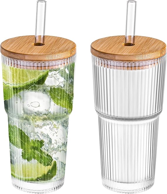 Dingerjar 20 oz Ribbed Glass Tumblers with Bamboo Lids and Straws, 2 Pcs Wide Mouth Thickened Vintage Glass Cup for Boba, Iced Coffee, Juice