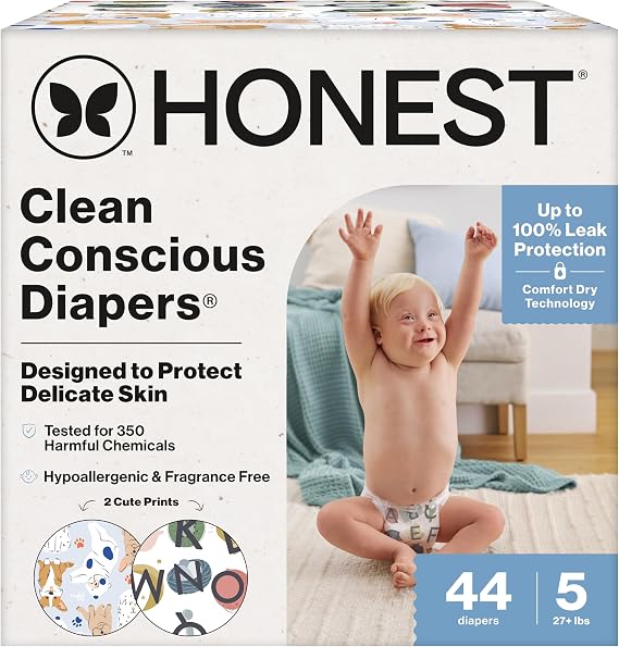 The Honest Company Clean Conscious Diapers | Vegan Based Sustainable | So Delish + All The Letter | Club Box Size 5 27lbs and up 44 Count