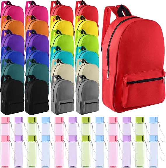 24 Set Bulk Backpacks with Sport Water Bottle Back to School Supplies Kit Book Bags in Bulk for Elementary, Middle, and High School Kids Boys Girls Teens Students