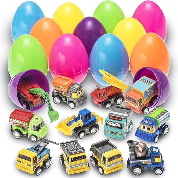PREXTEX Set of 12 Toy Filled Easter Eggs with Pull-Back Construction Vehicles - Pre Filled Plastic Easter Eggs with Toys Inside - Large Egg Party Favors for Kids