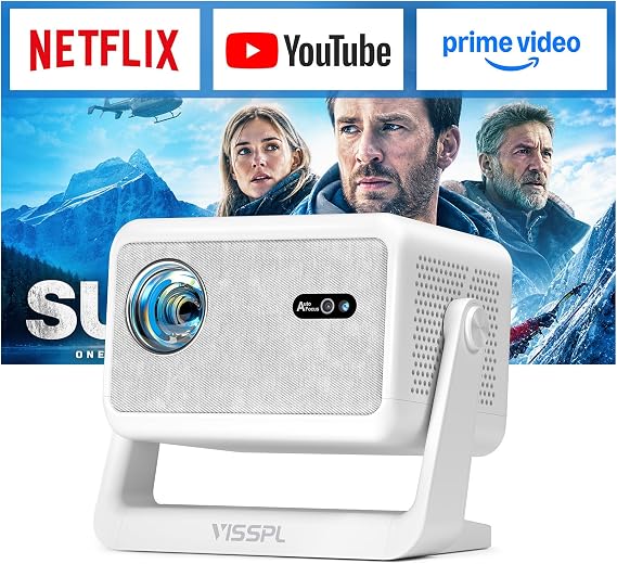 Officially-Licensed APP & 3600ANSISmart 4K Projector with WiFi and Bluetooth, VISSPL Native 1080P Auto Focus & Keystone Portable Outdoor Projector, 4K Support Home Movie Projector White