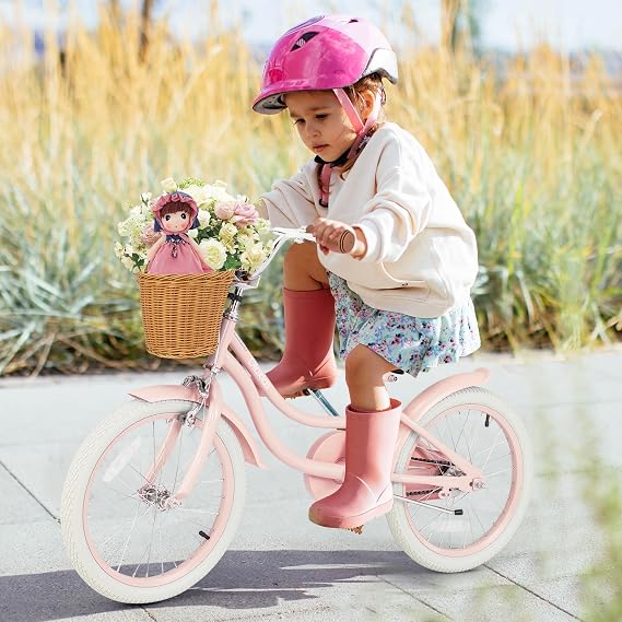 Olakids Kids Bike, 12 14 16 18 20 Inch Toddlers Bike with Training Wheels Rattan Basket Safety Bell Adjustable Seat and Handlebar, Children's Bicycle for Girls Boys