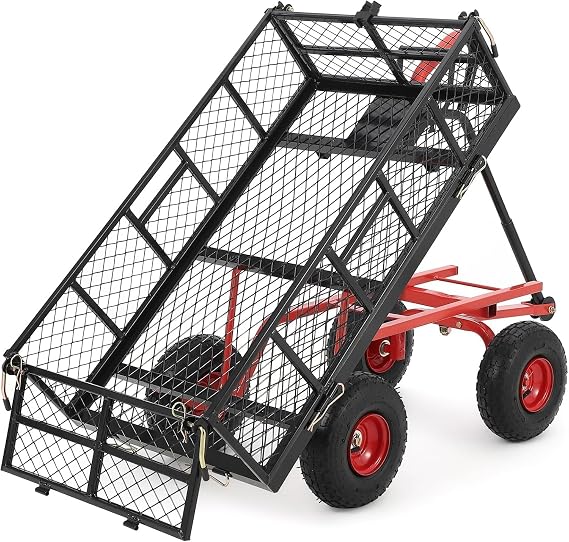 880 Lb Tire Steel Garden Dump Cart, Heavy-Duty Dump cart Wagon and Wagons with 4-Side Removable Mesh and 180 Swivel Handle, 10" Tires, Patio Dump Cart Utility Wagon, Metal Push Trolley
