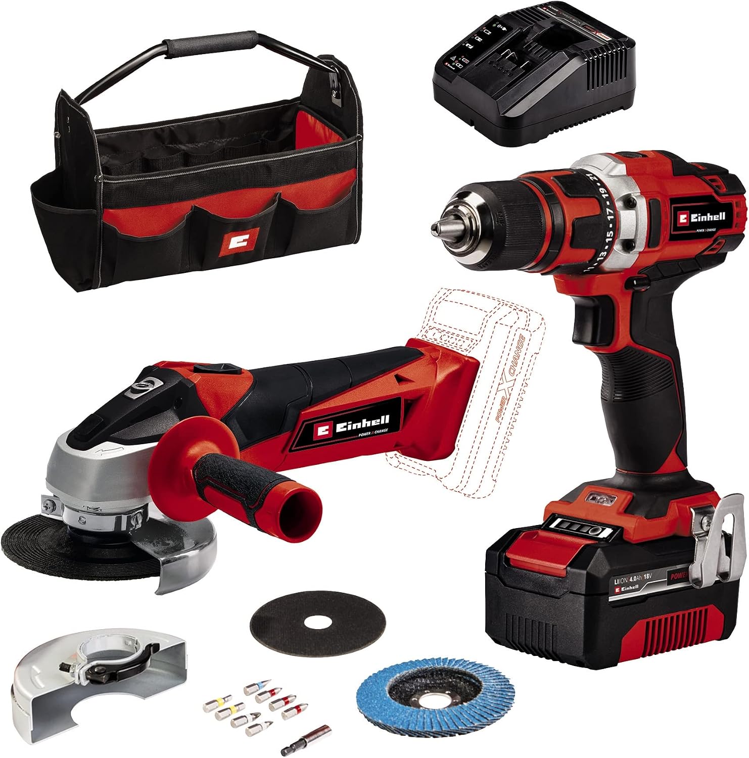 Einhell Cordless Tool Set TE-TK 182 Li Kit CDAG Power X-Change including Li-Ion, 2x 18V, 1x 4 Ah battery and charger, palm grinding accessories, end box, bag - 4257240
