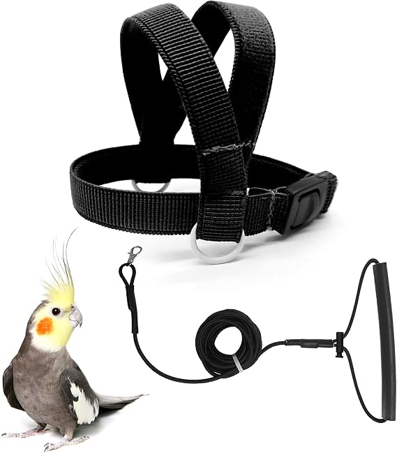 VANFAVORI Bird Harness with Buckle Clip and A Leash, Easy to Wear Outdoor Flying Kit for Bird Parrots Cockatiel S Size Weight 85-105 Grams, Black