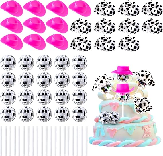 60Pcs Disco Cowgirl Pary Cake Decoration, 20Pcs Disco Ball Cup Toppers 10Pcs Mini Pink Cowgirl Hats 10Pcs Cow Print Cowboy Hats Westen Cowgirl Party Birthday Table Decor