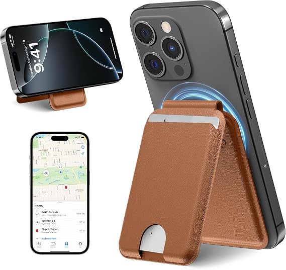 lulaven for Magsafe Wallet with Full Find My Functionality, Strong Magnetic Wallet for iPhone 16/15/14/13/12 Series, Thinnest Card Holder with Adjustable Stand, 6 Cards Holder, Brown