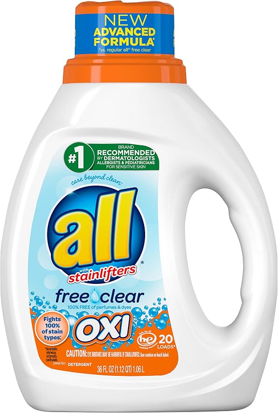 All all Liquid Laundry Detergent with OXI Stain Removers & Whiteners, Free Clear, 36 oz, 20 Loads, 36 fl oz