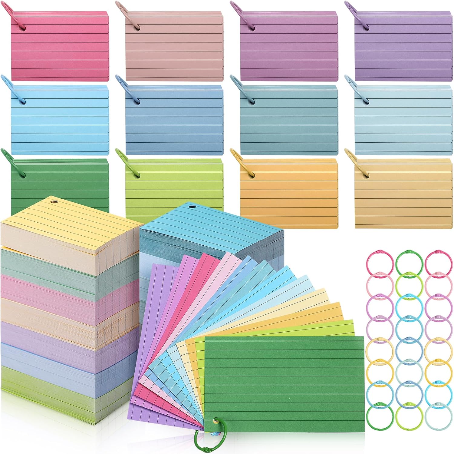Ctosree 1440 Pcs Colored Index Cards with Binder Ring Ruled Flash Cards 12 Color Lined Note 56lb Cover for Studying Memory Office School3 x 5 Inch,Fresh Color