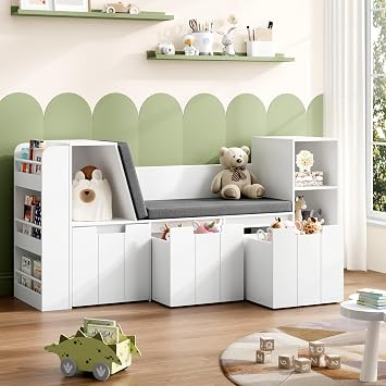 BOTLOG 61.5" Kids Reading Nook with 3-Layer Bookshelf, Reading Nook for Kids with Double Bench and Rolling Drawers, Bookshelf and Toy Storage for Nursery, Playroom (White)