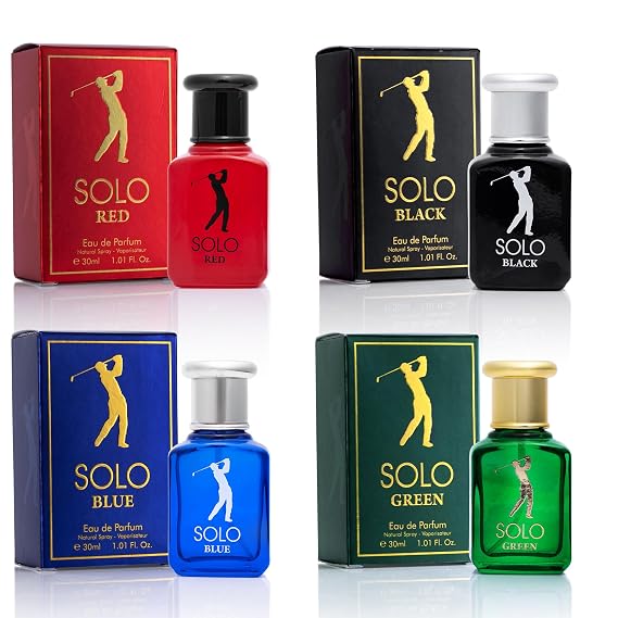 NovoGlow Solo 4-Piece Mini Fragrance Set for Men EDP - Solo Red, Blue, Black & Green - Combination of Woody, Citrus & Spicy Scents - Suitable For All Skin Types - Free of Paraben Each in 30ml Bottle