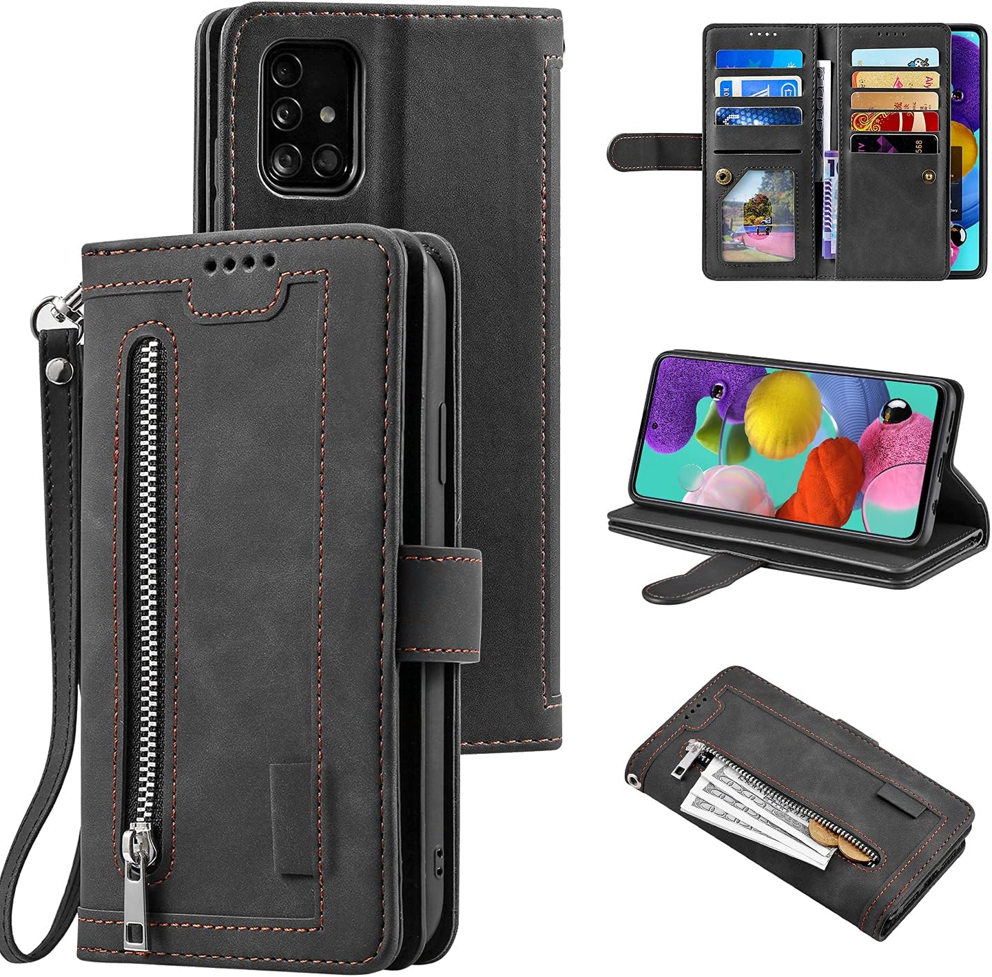UEEBAI Wallet Case for Samsung Galaxy S9, 9 Card Holder Slots Zipper Pocket Handbag Wallet Magnetic Closure Kickstand with Wrist Strap TPU Shockproof Flip Case for Women - Black