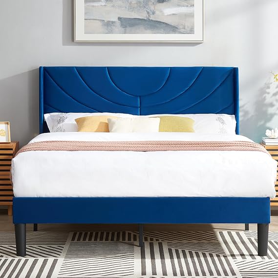VECELO Full Size Upholstered Platform Bed Frame with Wave Fabric Headboard,Wooden Slats Support/No Box Spring Needed/Mattress Foundation,Dark Blue
