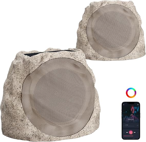 Outdoor Speakers Bluetooth Waterproof Patio TWS Connection Outdoor Bluetooth Speakers Wireless Solar Powered and Rechargeable Rock Speaker for Patio Pool,Backyard (Yellow, 2 Pack)