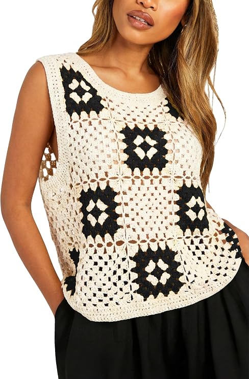 Allimy Womens Patchwork Hollow Out Checkered Crewneck Crochet Knit Tanks Tops Sleeveless Tanks Top Vest