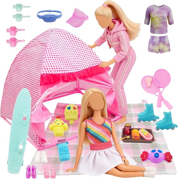 25 PCS Girl Doll Travel Camping Tent Set, 11.5 Inch Doll Camping Playset with Dolls Tent Skateboard Fashion Athletic Tennis Clothing Picnic Mat Food Accessories, Pretend Play Outdoor Adventure Toy