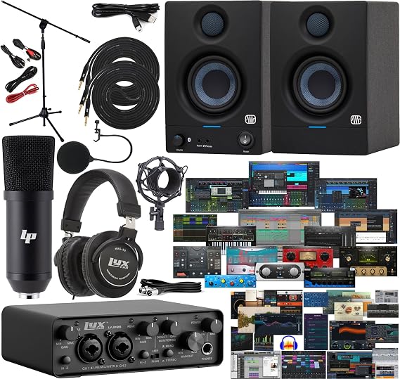 LyxJam 2x2 USB Audio Interface Bundle with Professional Microphone Kit, Recording Headphones, Mic Stand, Eris E3.5 BT Studio Bluetooth Monitors