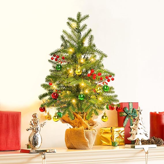 Mini Christmas Tree Small with Lights - EXKRAEFT 22 Inch Small Christmas Tree with 30 LED Lights & DIY Ornaments, Prelit Tabletop Christmas Tree Table Top Christmas Tree with Lights for Xmas Decor