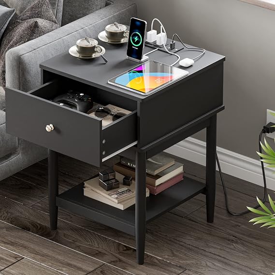 Hasuit Modren Dresser with Charging Station, Dresser with Drawer and Shelf, Solid Wood Legs, Dresser for Bedroom