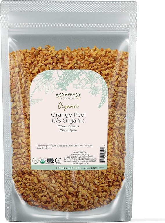 Starwest Botanicals Organic Dried Orange Peel, Bright & Zesty - 4 oz Pouch | Pure Citrus Peel for Baking, Tea, Spice Blends, Cut & Sifted, Certified Kosher, Non-GMO