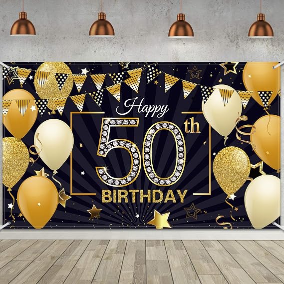 Happy 50th Birthday Backdrop Large Fabric Black Gold 50th Anniversary Birthday Sign Banner Photo Booth Photography Background with Rope for Men Women 50th Birthday Party Decorations, 72.8 x 43.3 Inch