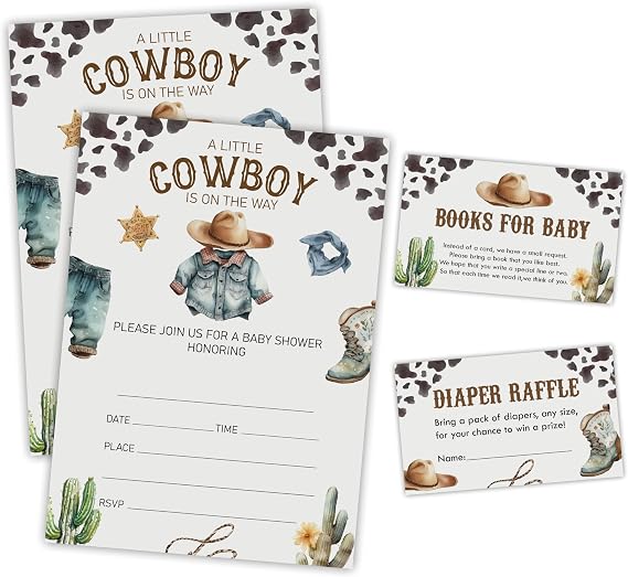 EXW A Little Cowboy Is On The Way! 25 Baby Shower Invitation Cards With Envelopes, 25 Book Request Cards & Diaper Raffle Tickets, Gender Reveal Party Favor & Supplies-A02