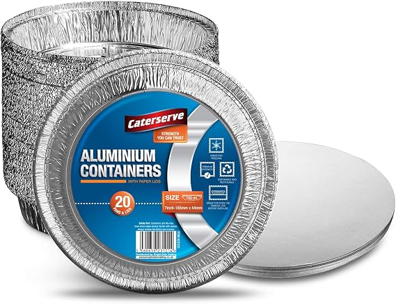 Aluminium Containers – 20pc Foil Pie Cases with Paper Lids – Durable, Food-Grade Oven & Freezer Safe – 7in-18cm Baking Trays