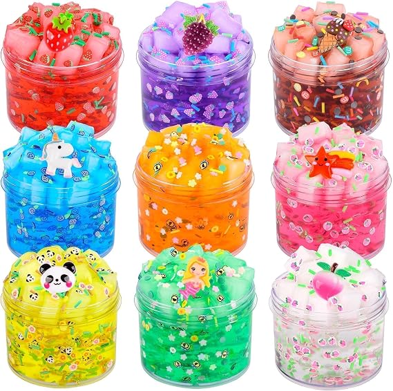9 Pack Jelly Cube Clear Fluffy Slime Making Kit Party Favor, Crunchy Crystal Slime Charms for Girls and Boys, DIY Birthday Boba Slime for Kids, Bag Fillers Soft Non-Sticky Stress Relief Toys