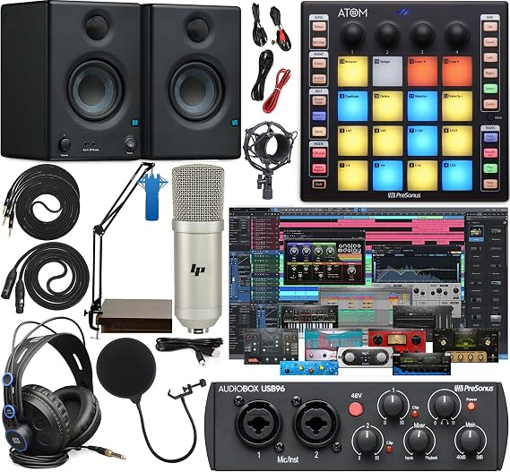 PreSonus AudioBox 96 Audio Interface Full Studio Bundle Includes Software Kit, ATOM MIDI Pad Controller, Eris 3.5 Pair Monitors, and Adjustable Suspension Boom Arm + HD7 Headphones