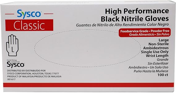 Sysco Nitrile High Performance Gloves, Powder Free, Food Grade, Disposable (100 Gloves Pack) (Large - Black)