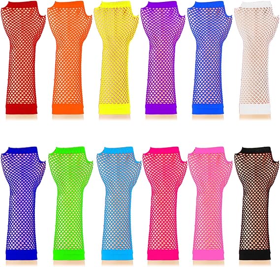 TecUnite 12 Pairs Fishnet Gloves Fingerless Neon Mesh