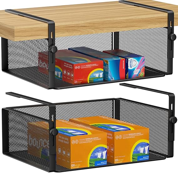 AmonHouseware 2Pack Under Shelf Basket,Adjustable Hanging Holder,Black | Under Cabinet Shelf Add-on, Slide-in Baskets,Storage for Laundry Room Kitchen Pantry Desk Bookshelf Counter Cupboard