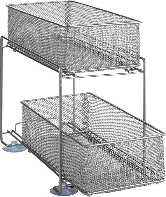 Wenko Kitchen Cupboard Organiser Wire Mesh Shelf with Basket Pull-Out 2-Tier Silver Matt 35 x 33.5 x 18.5 cm