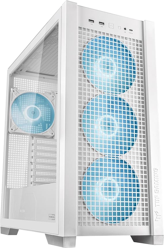 ASUS TUF GAMING GT302 TG ARGB MAKSİMUM SOĞUTMA SÖK TAK ÜST VE YAN PANELLER GİZLENMİŞ ANAKART BAĞLANTI DESTEĞİ 4 ADET 140 X 28 MM FAN E ATX (12"x10.9"), ATX, Micro-ATX, Mini-ITX - BEYAZ KASA | 4x140x28mm ARGB fan, değiştirilebilir yan parçalar, gizli bağlantılı ATX anakartları destekler, file ön panel