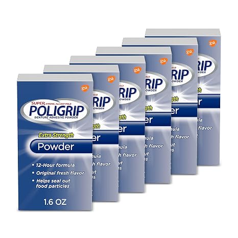 Super Poligrip Extra Strength Denture Adhesive Powder, Denture Powder for Dentures - 1.6 Ounces (Pack of 6)