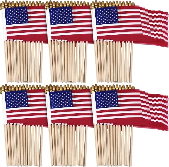 50 Pack 8 x 12 Inch Small American Flags on Stick Mini Handheld Flag Bulk
