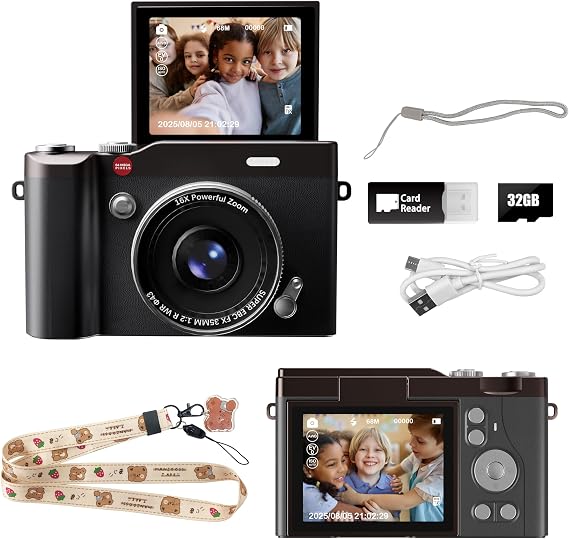 Children’s Camera 2.4" Flip Screen 64MP 1080P with 32GB SD Card Kids Digital Camera for Boys and Girls Toys 3-12 Years Old
