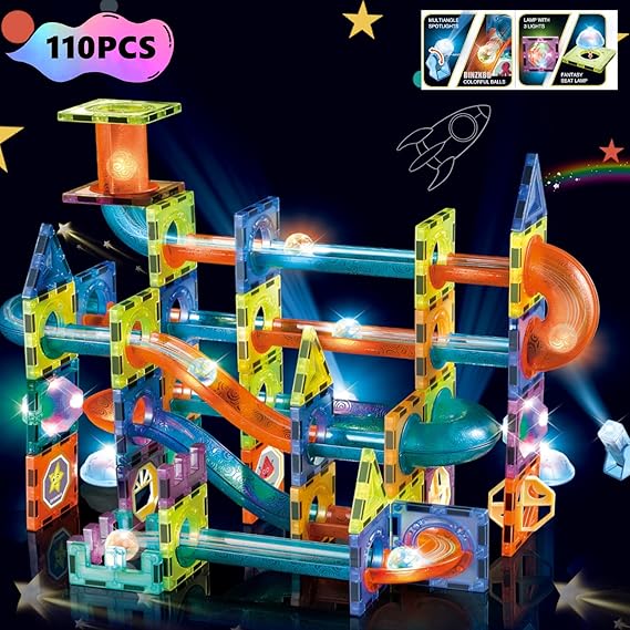 Light Magnetic Tiles Building Blocks for Kids,3D Clear Educational STEM Building Toys,Magnetic Marble Run Blocks Toys for Kids Ages 3 4 5 6 7 8 10+Year Old Boys Girls Creative Gift(110 PCS)