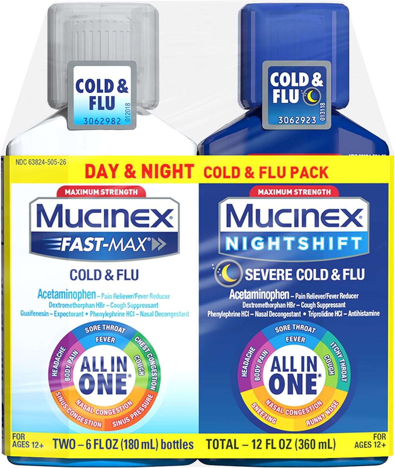 Mucinex Maximum Strength Fast-Max Cold & Flu and Nightshift, All-in-One Multi Symptom Relief Liquid, 6 Fl Oz - 2 Count Pack of 1