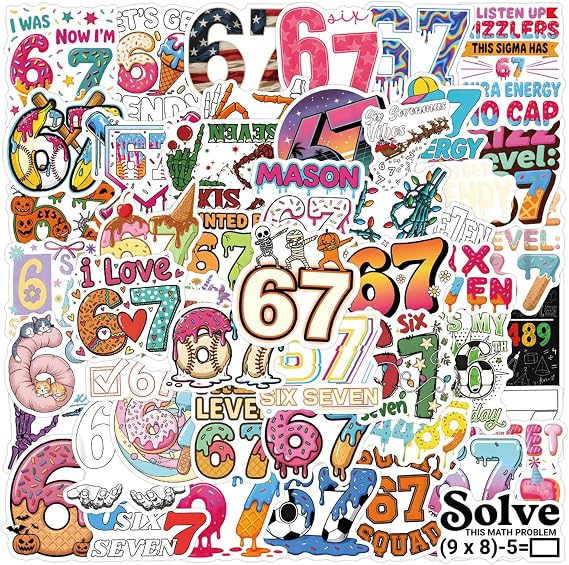 67 Stickers Six Seven Meme Sticker 6 7 Number Decorations Trending Social Media Stickers for Christmas Gift Present Birthday Party Laptop Luggage Bottles Phone Case DIY Craft Decal 50Pcs