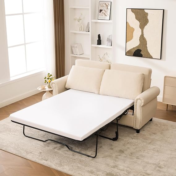 Queen Pull Out Couch Sofa Bed, 74' Large Convertible Sleeper Sofa, 2 Seater Loveseat Sofa-Bed with Queen Size Mattress for Living Room Small Spaces Apartment Studio, Beige