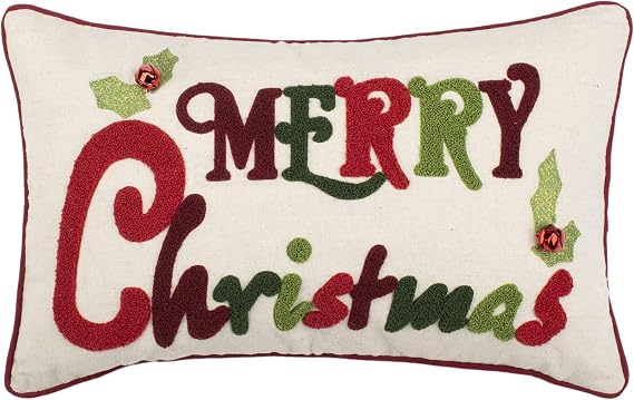 Safavieh Home Jingles Green and Red and Beige Merry Christmas 12 x 20-inch Decorative Pillow
