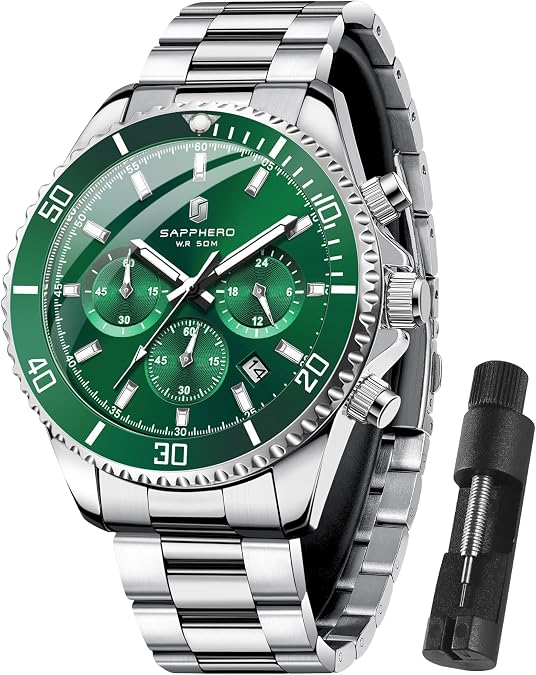 SAPPHERO Mens Watches Analog Quartz Chronograph Stainless Steel Watches for Men 50M Waterproof Men's Wrist Watches with Calendar Luxury Business Work Casual Watch Elegant Gifts for Men