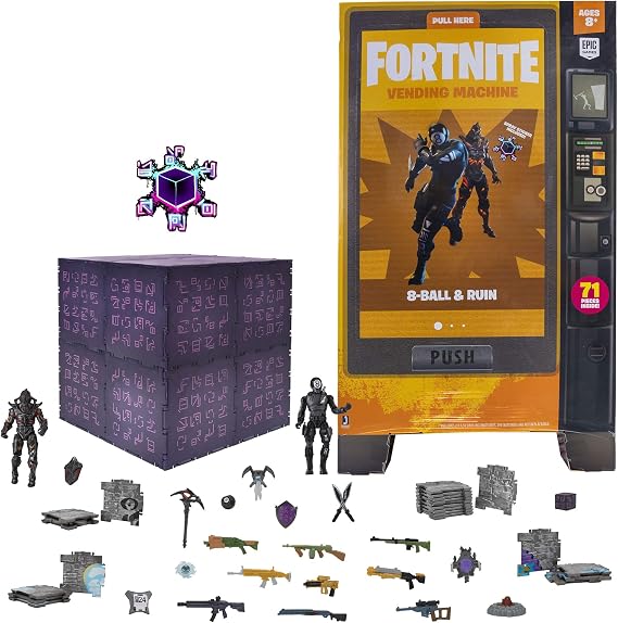 Fortnite Large Vending Machine, 2 Figure Pack - Features Ruin and 8-Ball 4 Inch Collectible Action Figures - Includes 24 The Cube Pieces, 10 Weapons, 8 Back Bling, 3 Harvesting Tools, and More