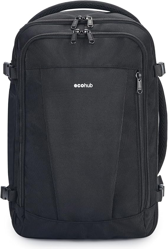 ECOHUB Ryanair Cabin Bag 40x20x25 Underseat Travel Bag 9 Pockets Hand Luggage Backpack Recycled PET Eco Friendly Rucksack for Women & Men Carry on Bag with USB Port, 20L, Black