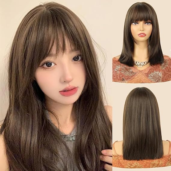 Creamily Brown Bob Wigs with Bangs for Women Short Shoulder Length Brown Wig with Fringe Natural Straight Syntheitc Hair Heat Resistant Wig Cosplay Party Daily Use 16 Inches