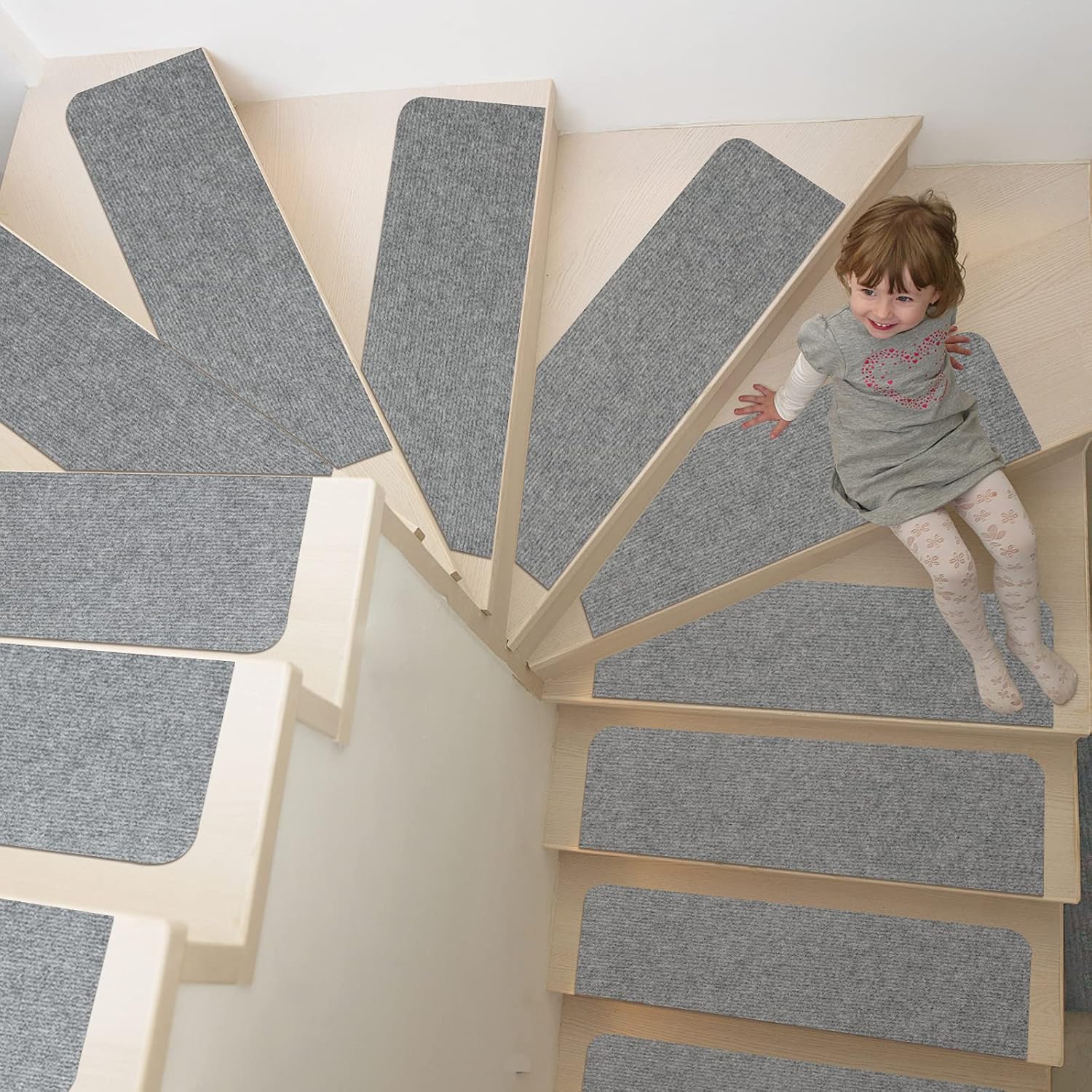 SHIEN 8x30IN 15PCS Non-Slip Stair Treads Carpet, Self-Adhesive Stair Treads for Wooden Steps, Indoor Safety Staircase Step Treads, Anti Slip Stair Runner Mats for Elders, Kids and Dogs Light Grey